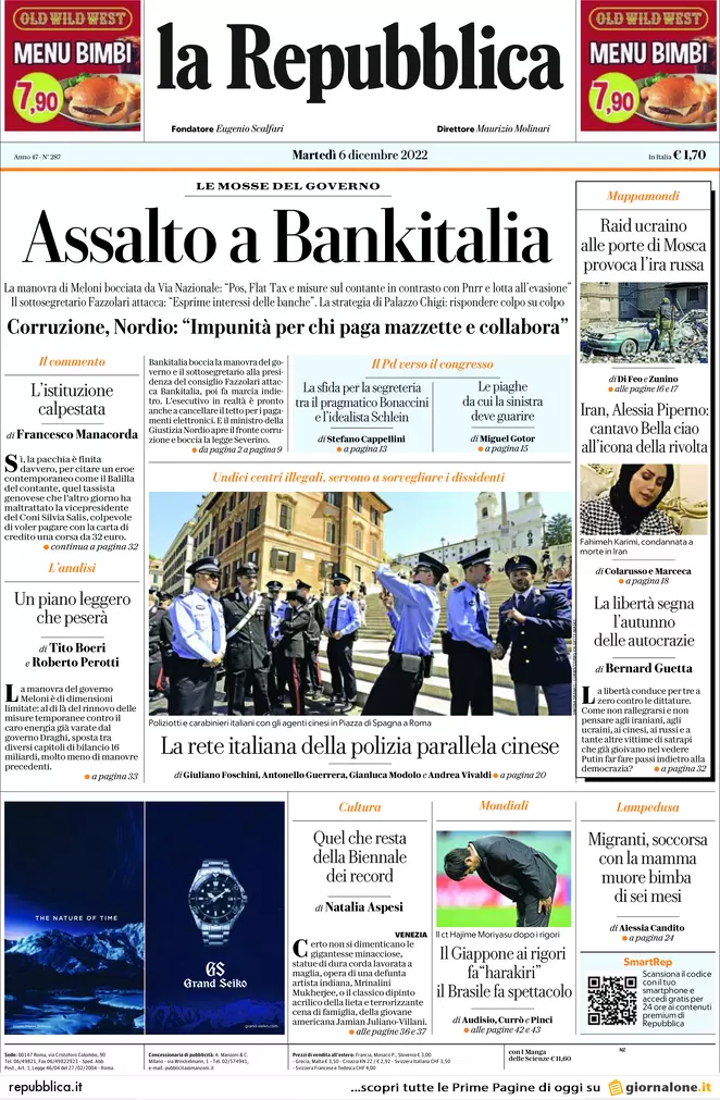 Prime pagine giornali 6 dicembre 2022. Manovra, il gelo di Bankitalia sul Pos Prime pagine giornali 6 dicembre 2022. Manovra, il gelo di Bankitalia sul Pos