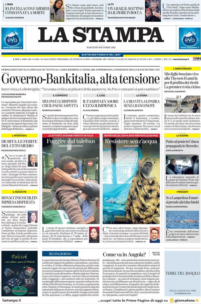Prime pagine giornali 6 dicembre 2022. Manovra, il gelo di Bankitalia sul Pos Prime pagine giornali 6 dicembre 2022. Manovra, il gelo di Bankitalia sul Pos