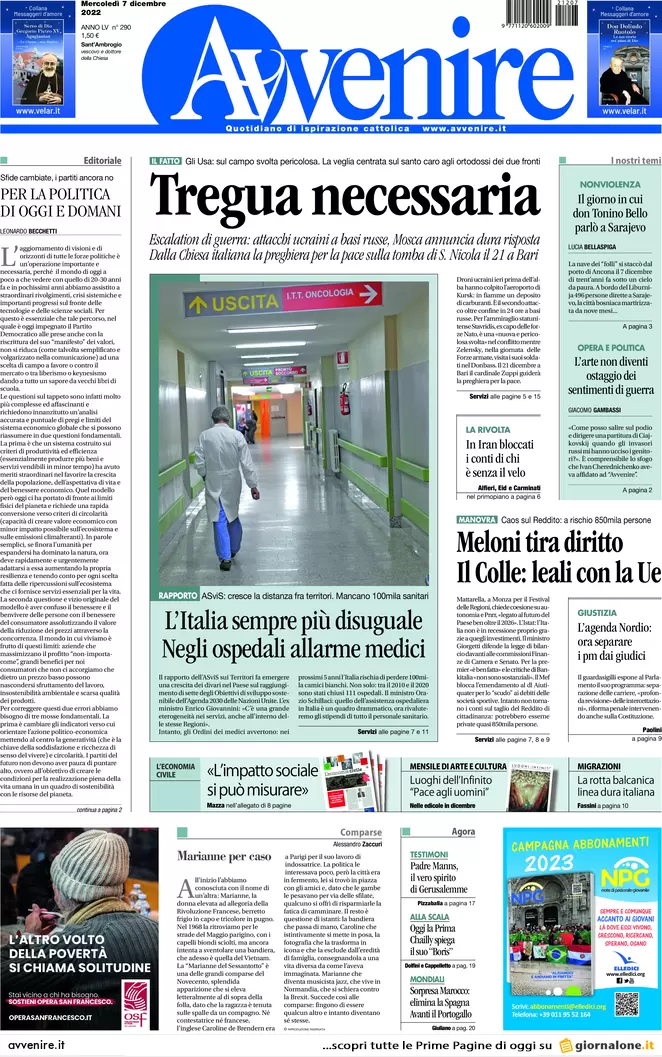 Prime pagine giornali 7 dicembre 2022. Giustizia, Nordio stoppa le toghe rosse