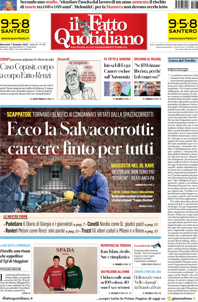 Prime pagine giornali 7 dicembre 2022. Giustizia, Nordio stoppa le toghe rosse