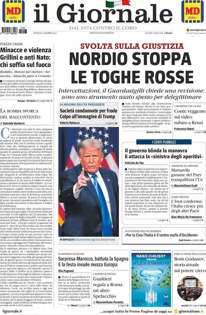 Prime pagine giornali 7 dicembre 2022. Giustizia, Nordio stoppa le toghe rosse