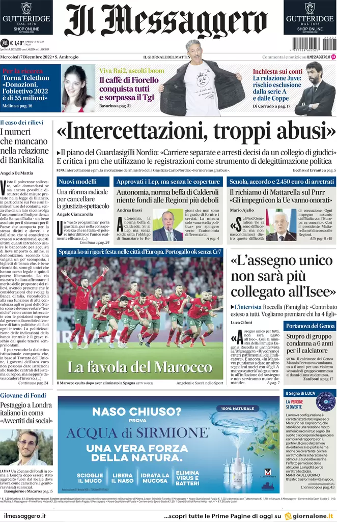 Prime pagine giornali 7 dicembre 2022. Giustizia, Nordio stoppa le toghe rosse