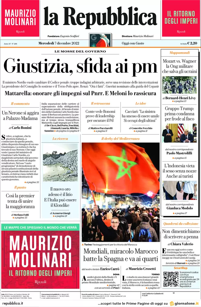 Prime pagine giornali 7 dicembre 2022. Giustizia, Nordio stoppa le toghe rosse