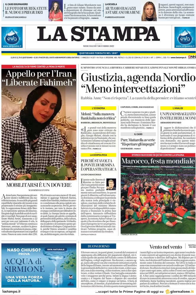 Prime pagine giornali 7 dicembre 2022. Giustizia, Nordio stoppa le toghe rosse