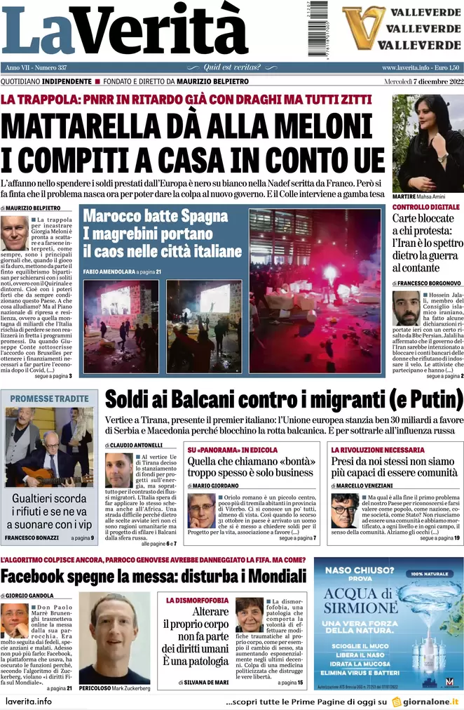 Prime pagine giornali 7 dicembre 2022. Giustizia, Nordio stoppa le toghe rosse