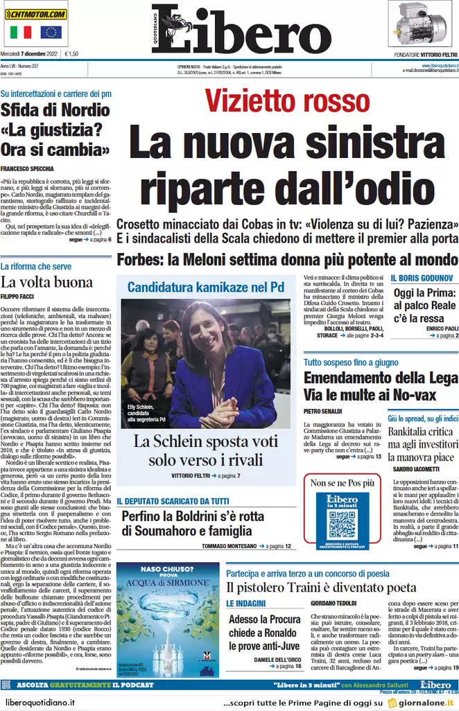 Prime pagine giornali 7 dicembre 2022. Giustizia, Nordio stoppa le toghe rosse
