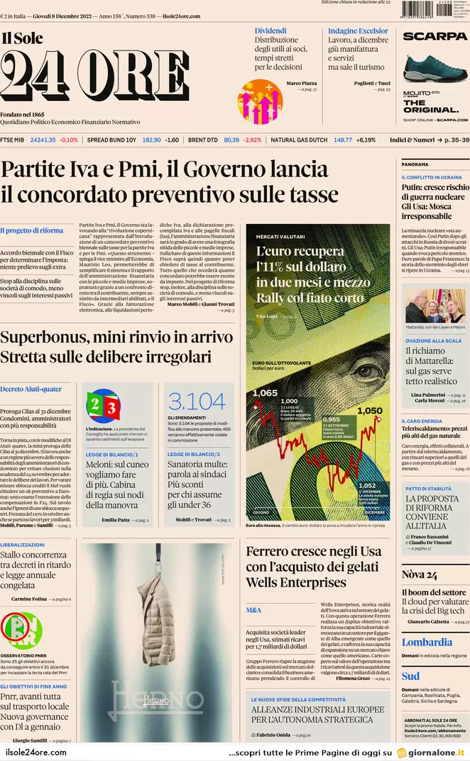 Prime pagine giornali 8 dicembre 2022. Pnrr, il patto con l’Ue sulle modifiche Prime pagine giornali 8 dicembre 2022. Pnrr, il patto con l’Ue sulle modifiche