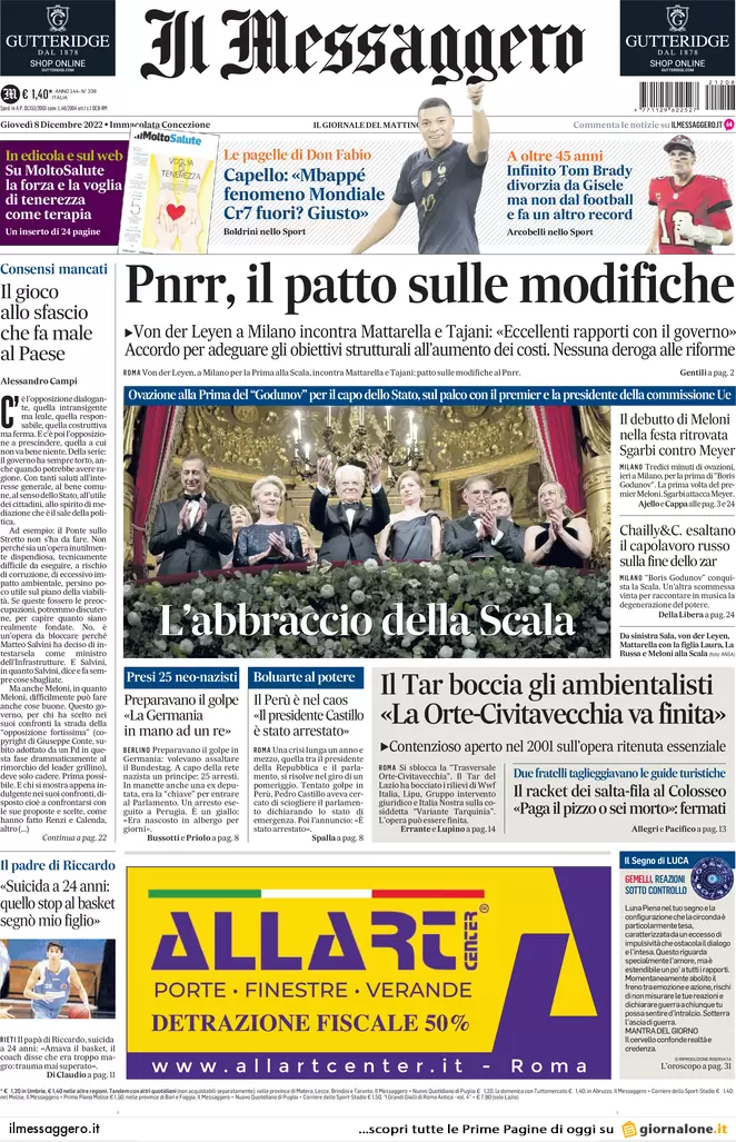 Prime pagine giornali 8 dicembre 2022. Pnrr, il patto con l’Ue sulle modifiche Prime pagine giornali 8 dicembre 2022. Pnrr, il patto con l’Ue sulle modifiche