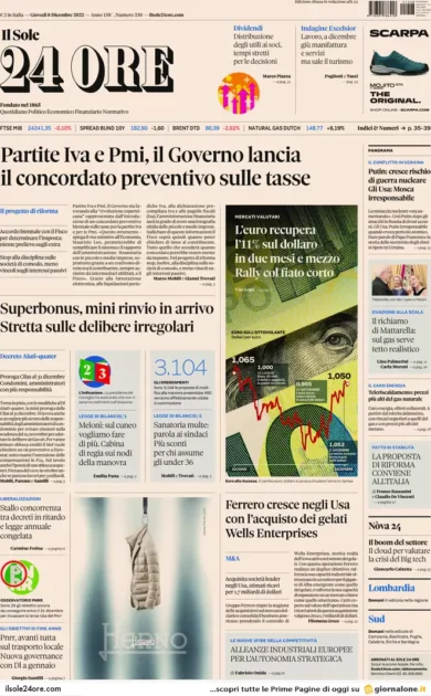 Prime pagine giornali economici 8 dicembre. Manovra, sanatoria per le multe