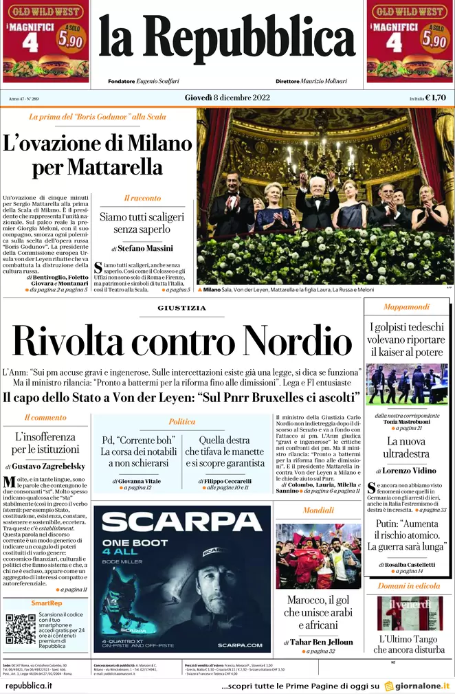 Prime pagine giornali 8 dicembre 2022. Pnrr, il patto con l’Ue sulle modifiche Prime pagine giornali 8 dicembre 2022. Pnrr, il patto con l’Ue sulle modifiche