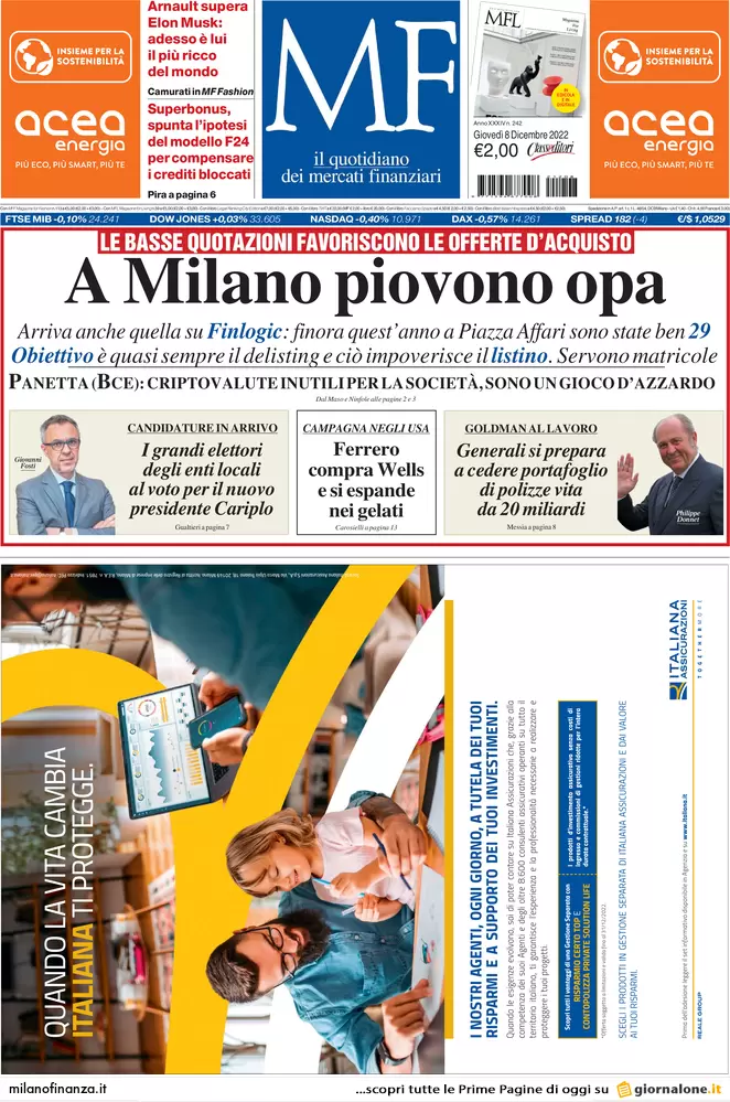 Prime pagine giornali economici 8 dicembre. Manovra, sanatoria per le multe