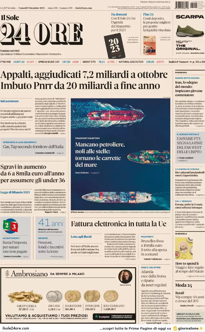 Prime pagine giornali 9 dicembre 2022. Migranti, alta tensione Italia-Francia