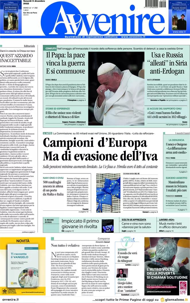Prime pagine giornali 9 dicembre 2022. Migranti, alta tensione Italia-Francia