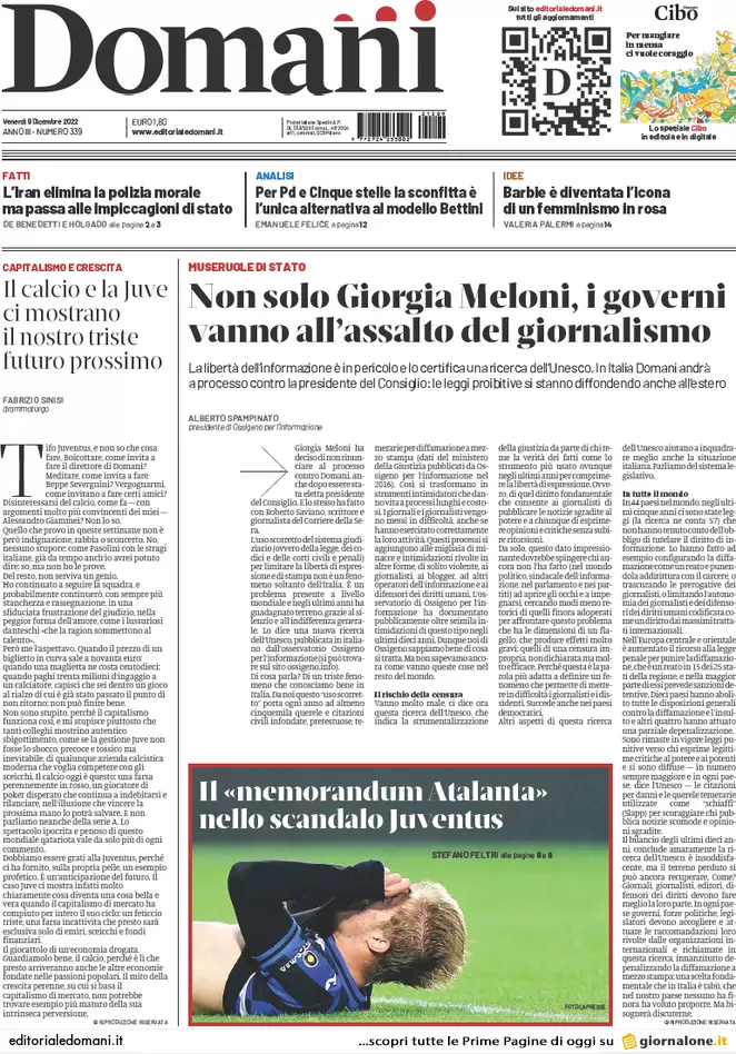 Prime pagine giornali 9 dicembre 2022. Migranti, alta tensione Italia-Francia