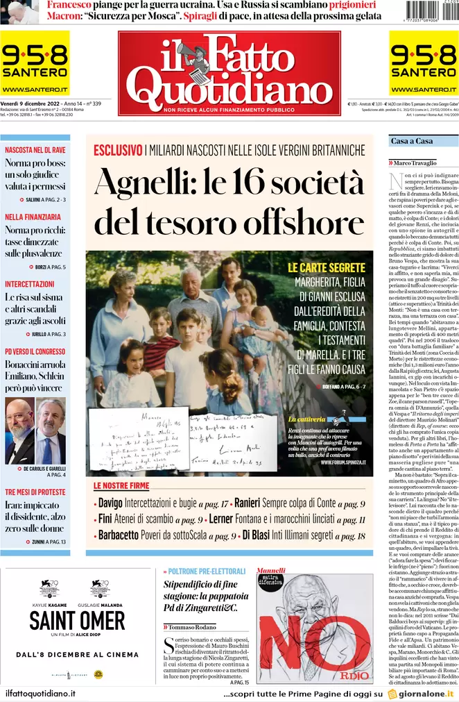Prime pagine giornali 9 dicembre 2022. Migranti, alta tensione Italia-Francia