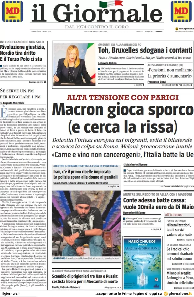 Prime pagine giornali 9 dicembre 2022. Migranti, alta tensione Italia-Francia