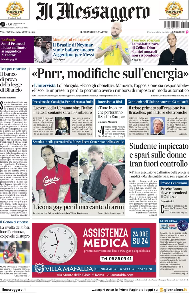 Prime pagine giornali 9 dicembre 2022. Migranti, alta tensione Italia-Francia