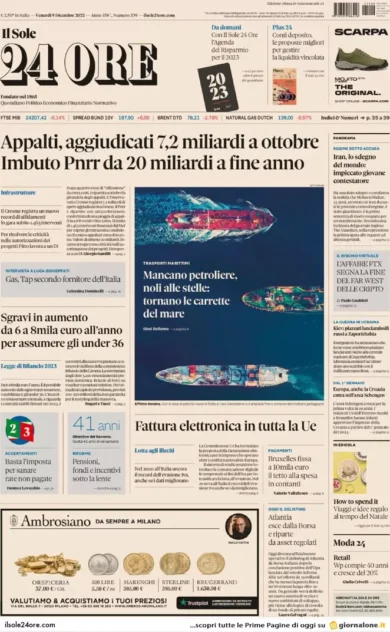 Prime pagine giornali economici 9 dicembre. Pnrr, ora sono a rischio 20 mld