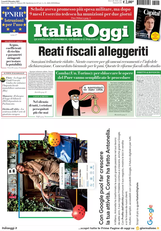Prime pagine giornali economici 9 dicembre. Pnrr, ora sono a rischio 20 mld