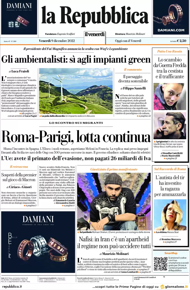 Prime pagine giornali 9 dicembre 2022. Migranti, alta tensione Italia-Francia