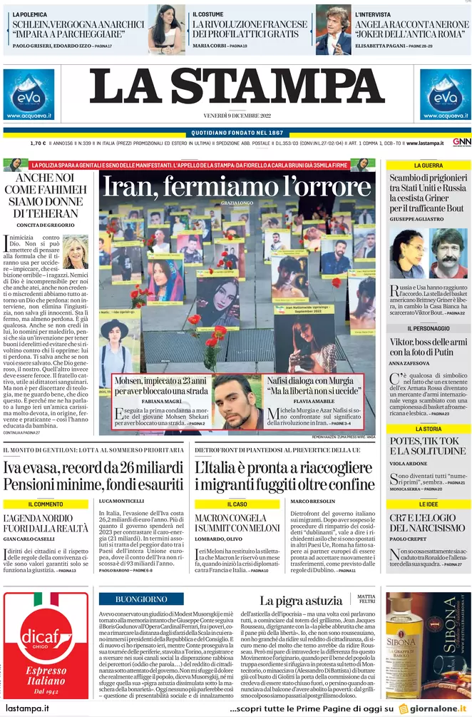 Prime pagine giornali 9 dicembre 2022. Migranti, alta tensione Italia-Francia