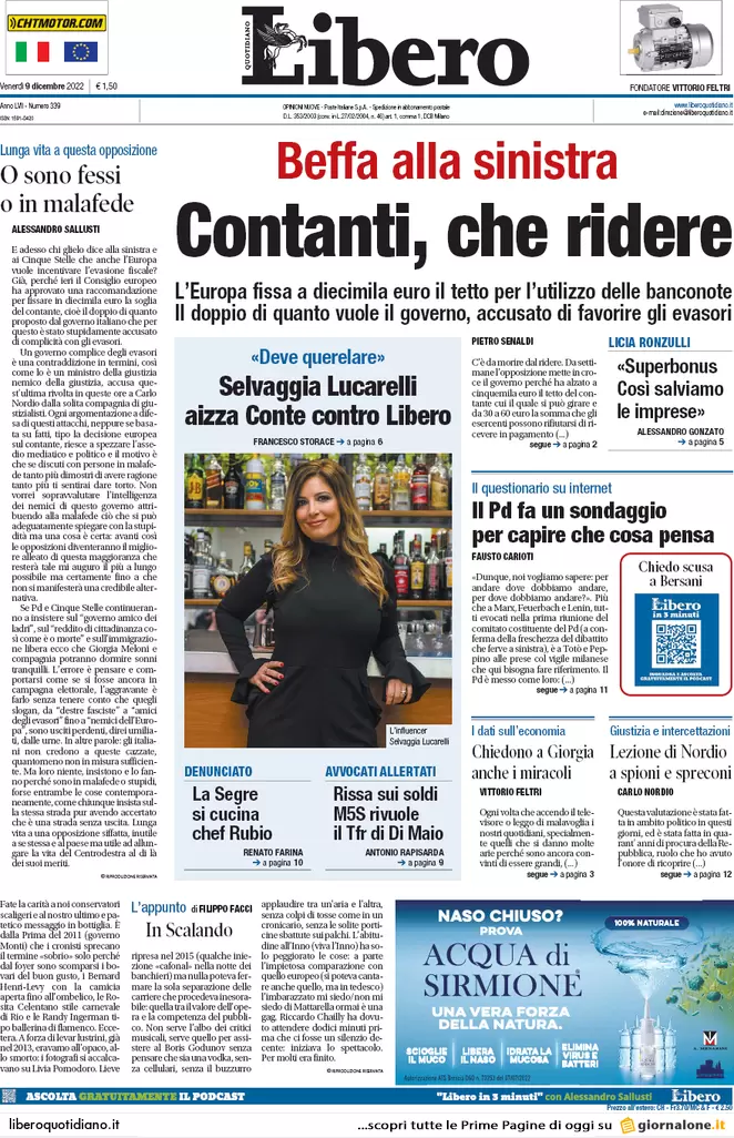 Prime pagine giornali 9 dicembre 2022. Migranti, alta tensione Italia-Francia