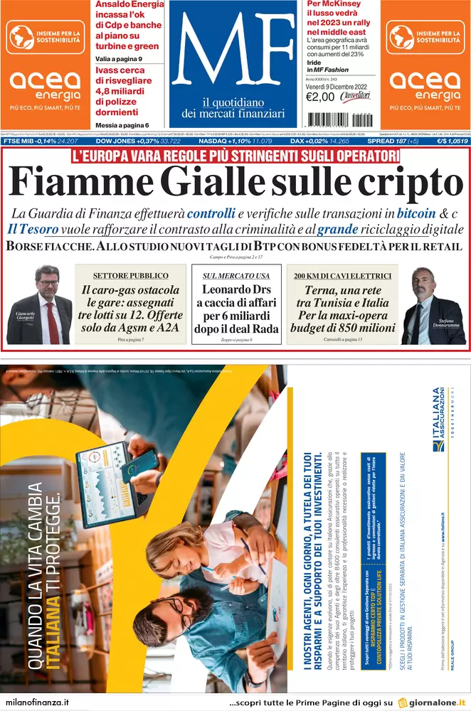Prime pagine giornali economici 9 dicembre. Pnrr, ora sono a rischio 20 mld