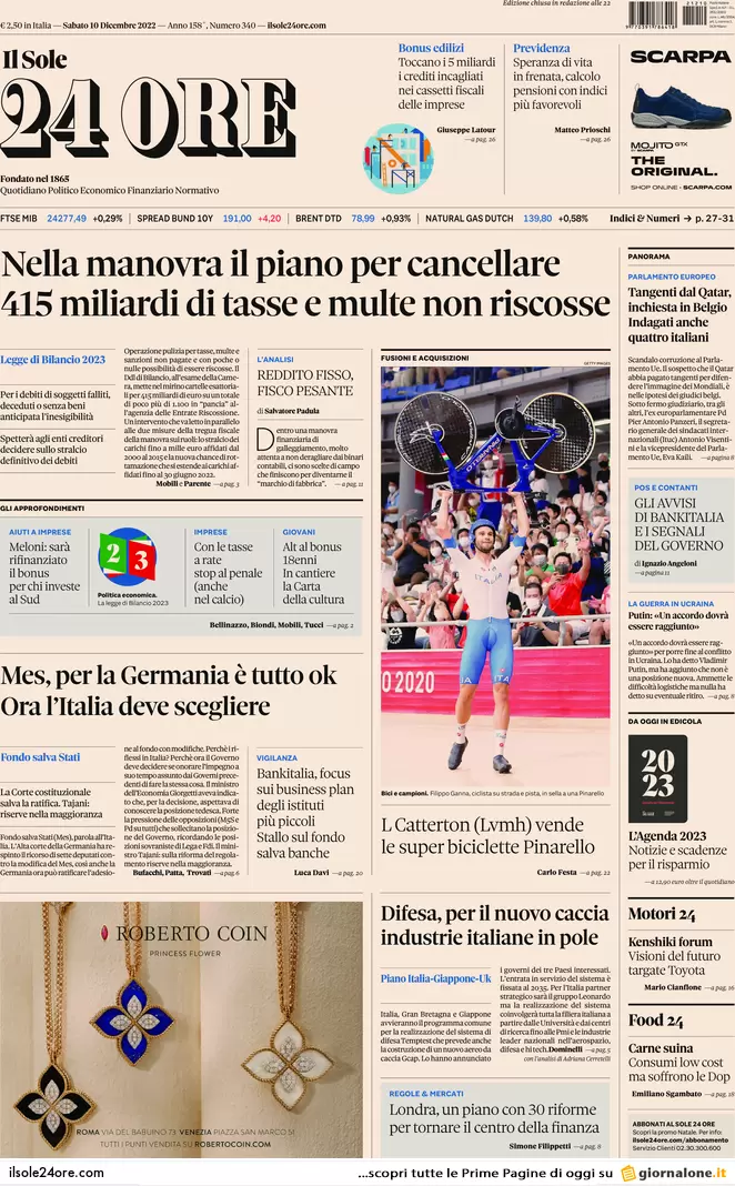 Prime pagine giornali 10 dicembre 2022. Lobby pro Qatar e manovra caos