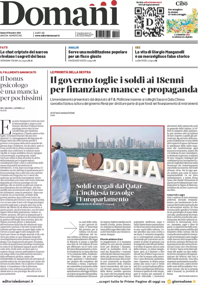 Prime pagine giornali 10 dicembre 2022. Lobby pro Qatar e manovra caos