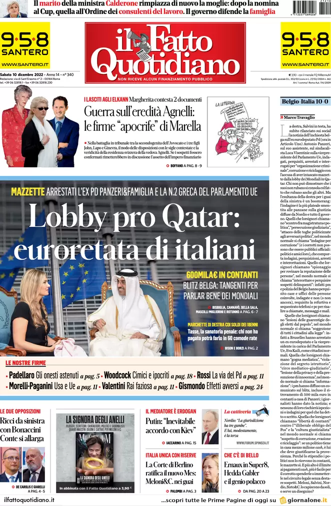 Prime pagine giornali 10 dicembre 2022. Lobby pro Qatar e manovra caos
