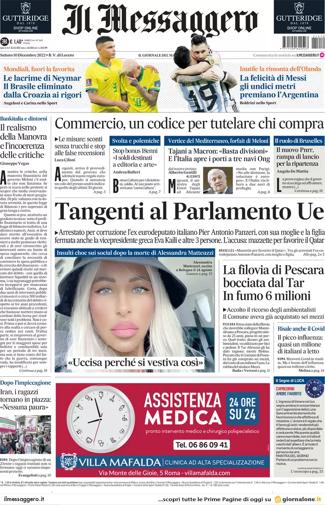 Prime pagine giornali 10 dicembre 2022. Lobby pro Qatar e manovra caos