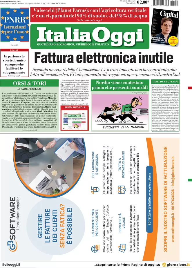 Prime pagine giornali economici 10 dicembre. La fattura elettronica? Inutile