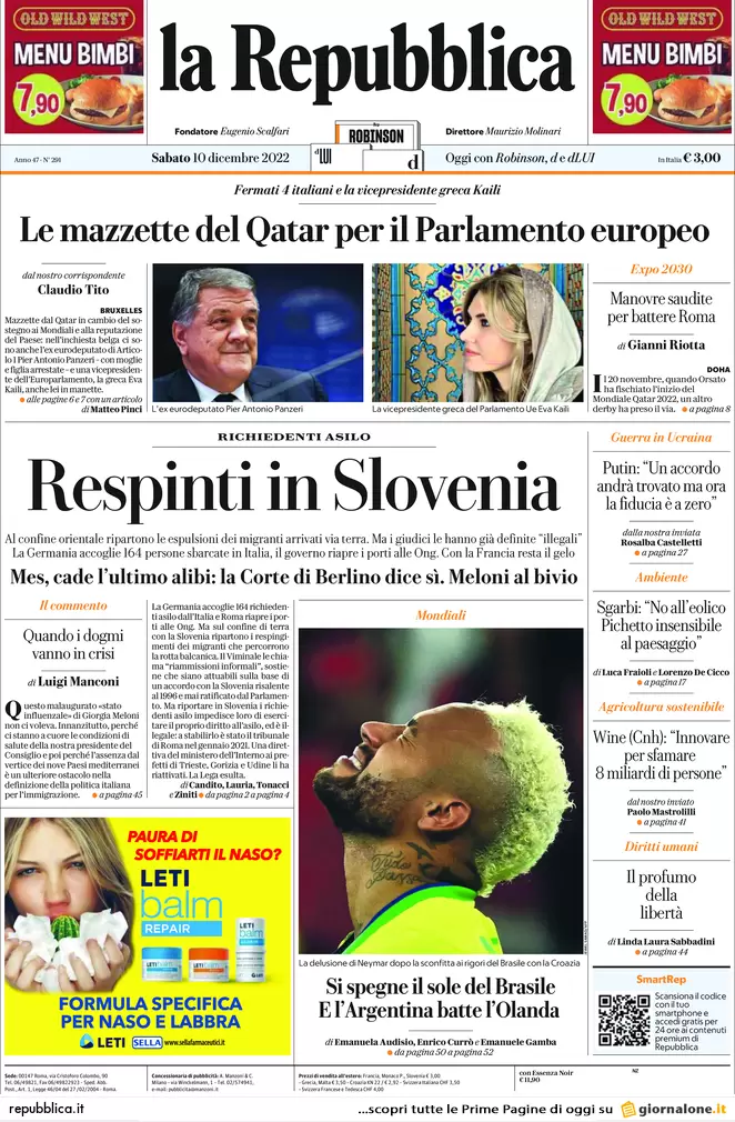 Prime pagine giornali 10 dicembre 2022. Lobby pro Qatar e manovra caos
