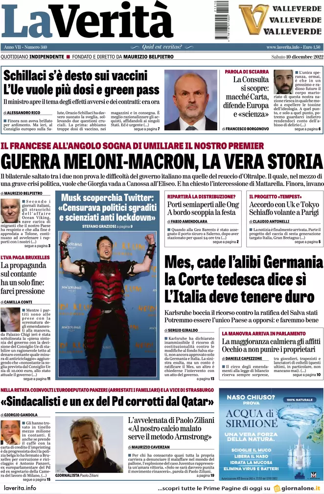 Prime pagine giornali 10 dicembre 2022. Lobby pro Qatar e manovra caos