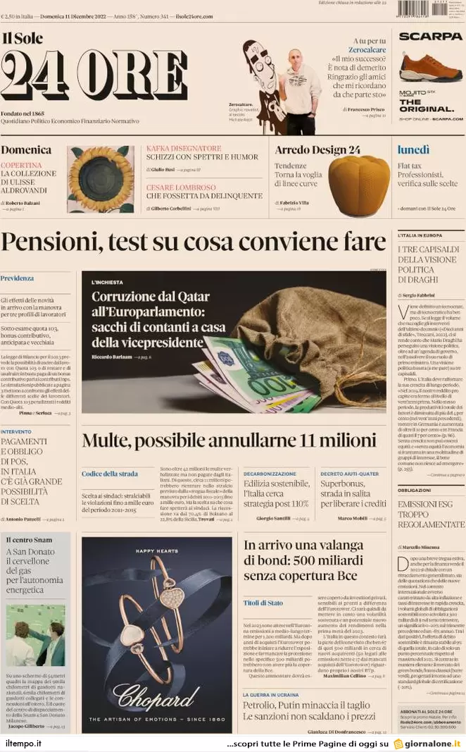 Prime pagine giornali economici 11 dicembre. Cosa conviene su pensioni e multe