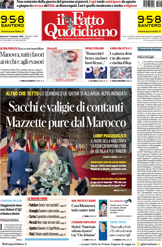 Prime pagine giornali 11 dicembre 2022. Tangenti Qatar, a pezzi la sinistra Ue