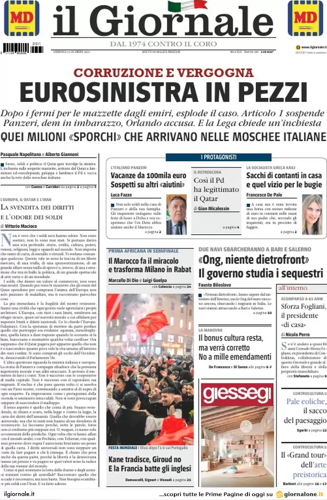Prime pagine giornali 11 dicembre 2022. Tangenti Qatar, a pezzi la sinistra Ue