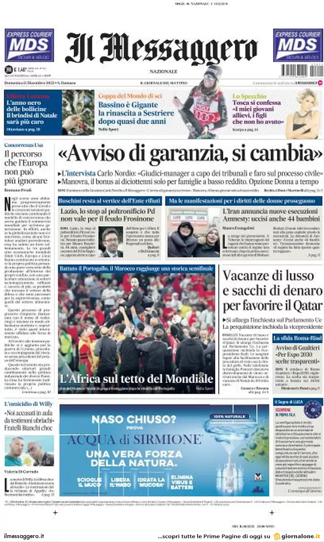 Prime pagine giornali 11 dicembre 2022. Tangenti Qatar, a pezzi la sinistra Ue