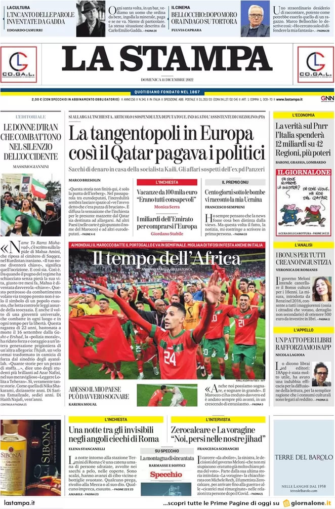 Prime pagine giornali 11 dicembre 2022. Tangenti Qatar, a pezzi la sinistra Ue
