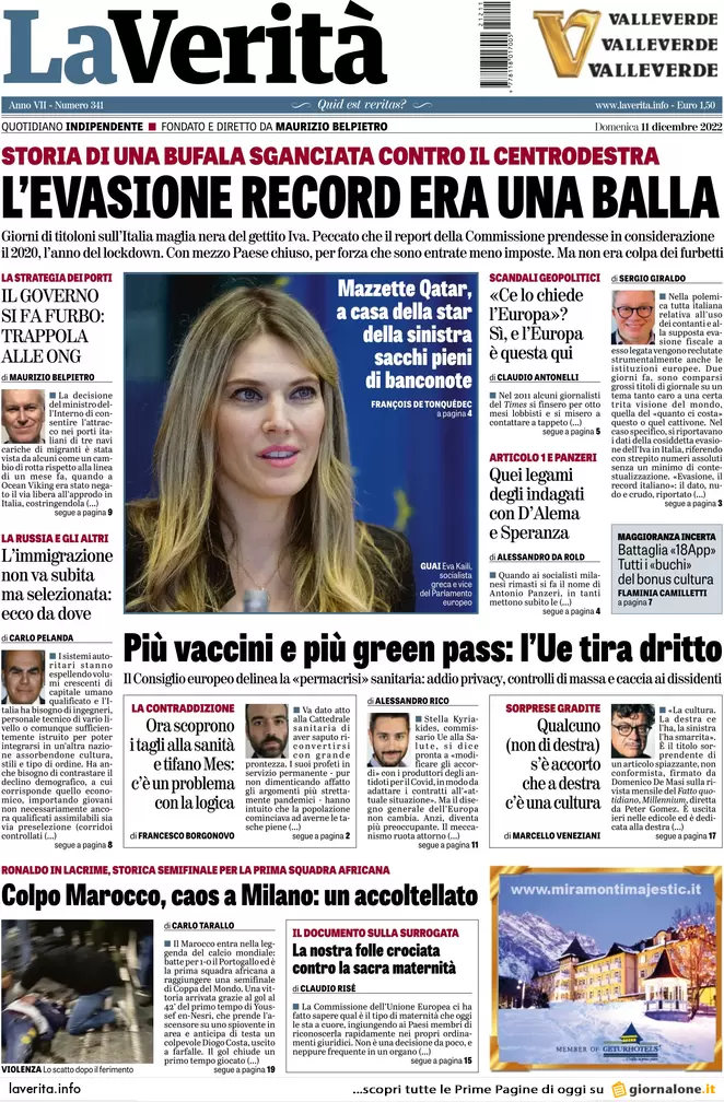 Prime pagine giornali 11 dicembre 2022. Tangenti Qatar, a pezzi la sinistra Ue
