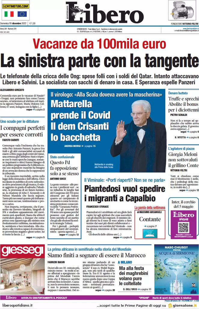 Prime pagine giornali 11 dicembre 2022. Tangenti Qatar, a pezzi la sinistra Ue