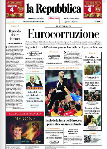 Prime pagine giornali 11 dicembre 2022. Tangenti Qatar, a pezzi la sinistra Ue