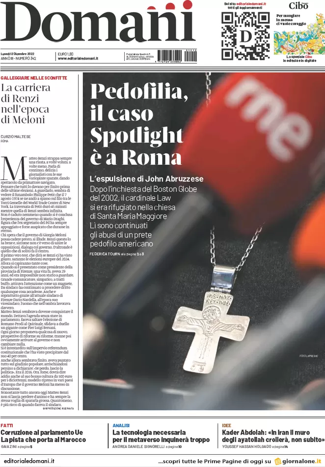 Prime pagine giornali 12 dicembre 2022. Tangenti Ue, ombre su altri 4 italiani Prime pagine giornali 12 dicembre 2022. Tangenti Ue, ombre su altri 4 italiani
