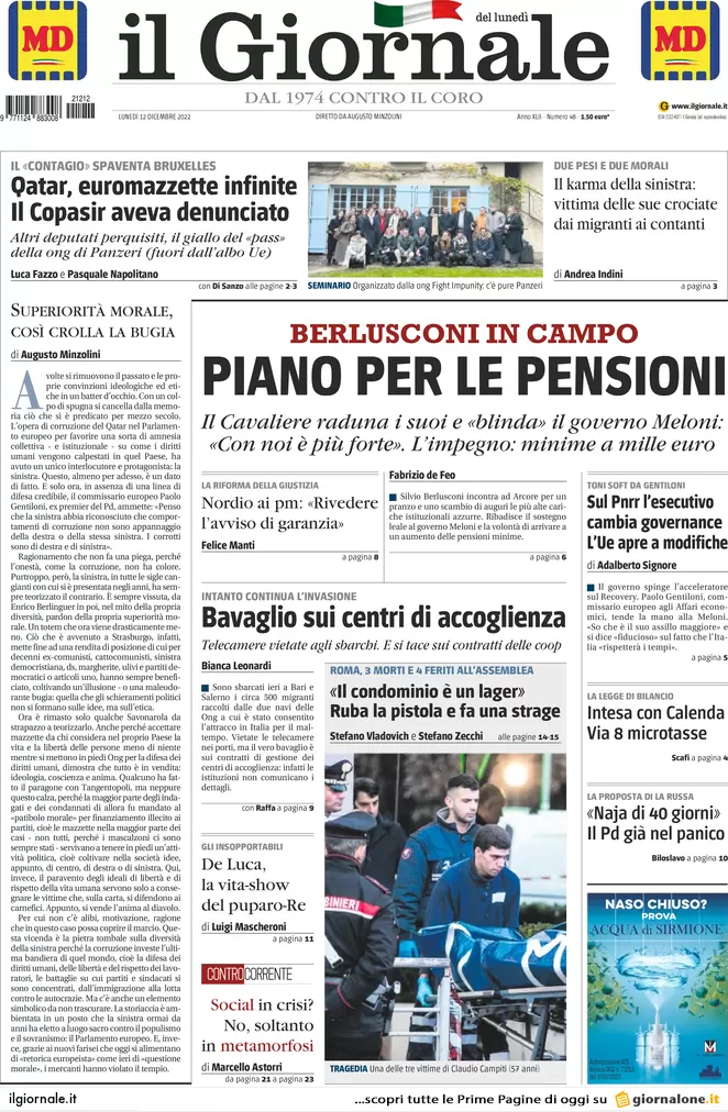 Prime pagine giornali 12 dicembre 2022. Tangenti Ue, ombre su altri 4 italiani Prime pagine giornali 12 dicembre 2022. Tangenti Ue, ombre su altri 4 italiani