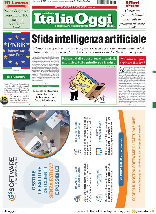 Prime pagine giornali economici 12 dicembre. Mini crediti, condonati 57 mld