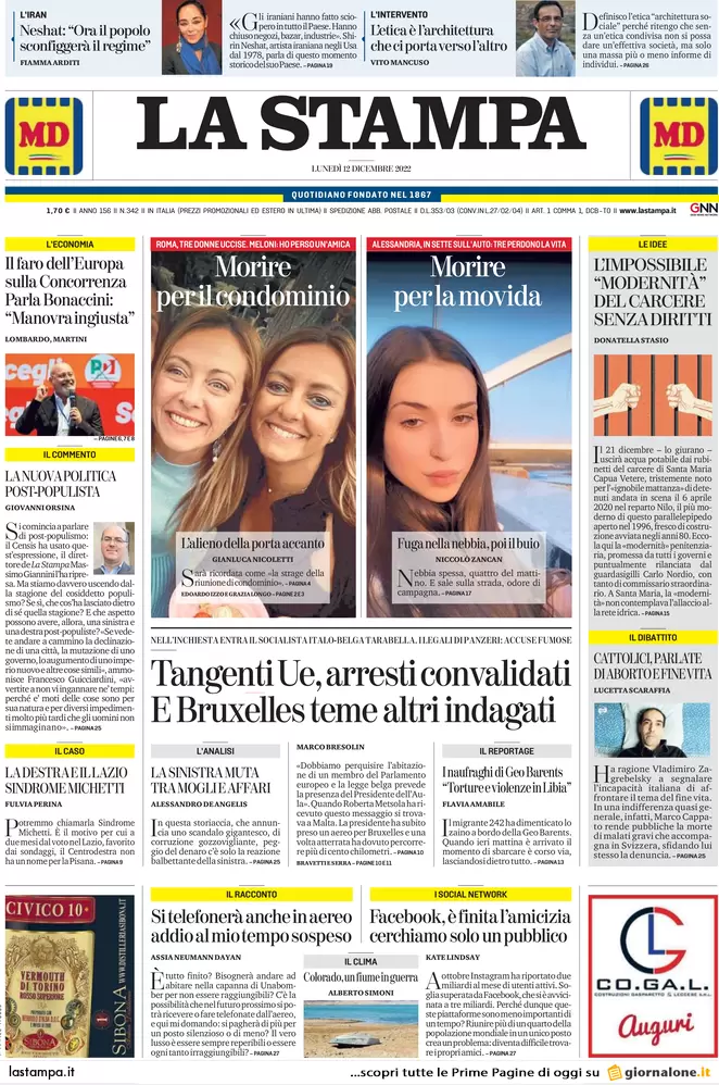 Prime pagine giornali 12 dicembre 2022. Tangenti Ue, ombre su altri 4 italiani Prime pagine giornali 12 dicembre 2022. Tangenti Ue, ombre su altri 4 italiani