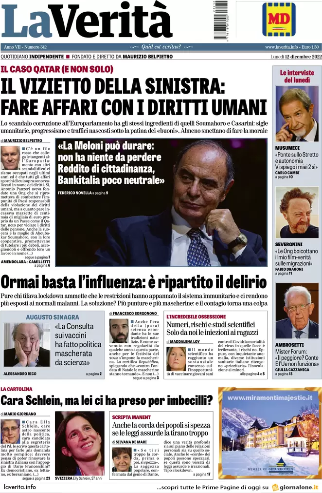Prime pagine giornali 12 dicembre 2022. Tangenti Ue, ombre su altri 4 italiani Prime pagine giornali 12 dicembre 2022. Tangenti Ue, ombre su altri 4 italiani