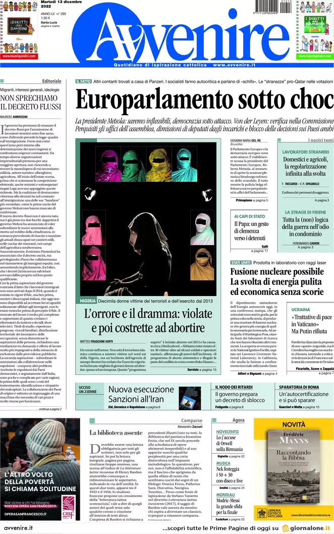 Prime pagine giornali 13 dicembre 2022. Qatar-gate, adesso trema anche il Pd Prime pagine giornali 13 dicembre 2022. Qatar-gate, adesso trema anche il Pd