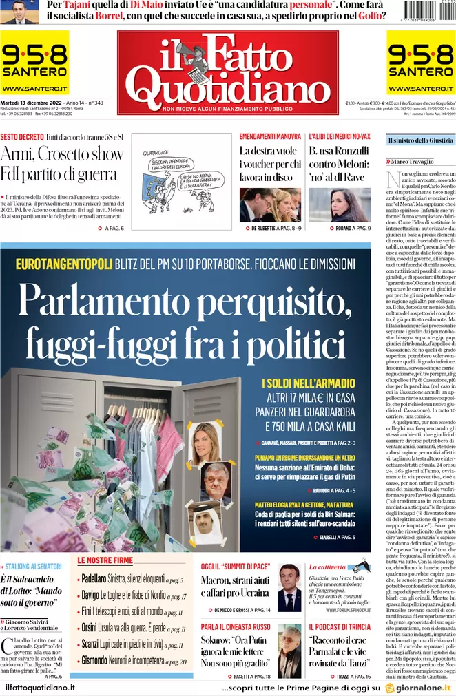 Prime pagine giornali 13 dicembre 2022. Qatar-gate, adesso trema anche il Pd Prime pagine giornali 13 dicembre 2022. Qatar-gate, adesso trema anche il Pd