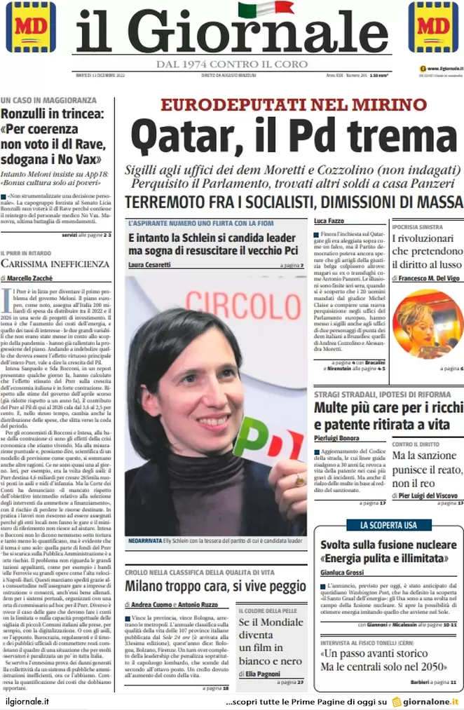 Prime pagine giornali 13 dicembre 2022. Qatar-gate, adesso trema anche il Pd Prime pagine giornali 13 dicembre 2022. Qatar-gate, adesso trema anche il Pd